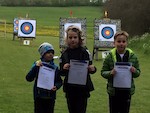 Siegerehrung der Startklasse Schüler C auf der Kreismeisterschaft Bogen im Freien 2019 mit Tristan Quirnbach auf Platz 1.